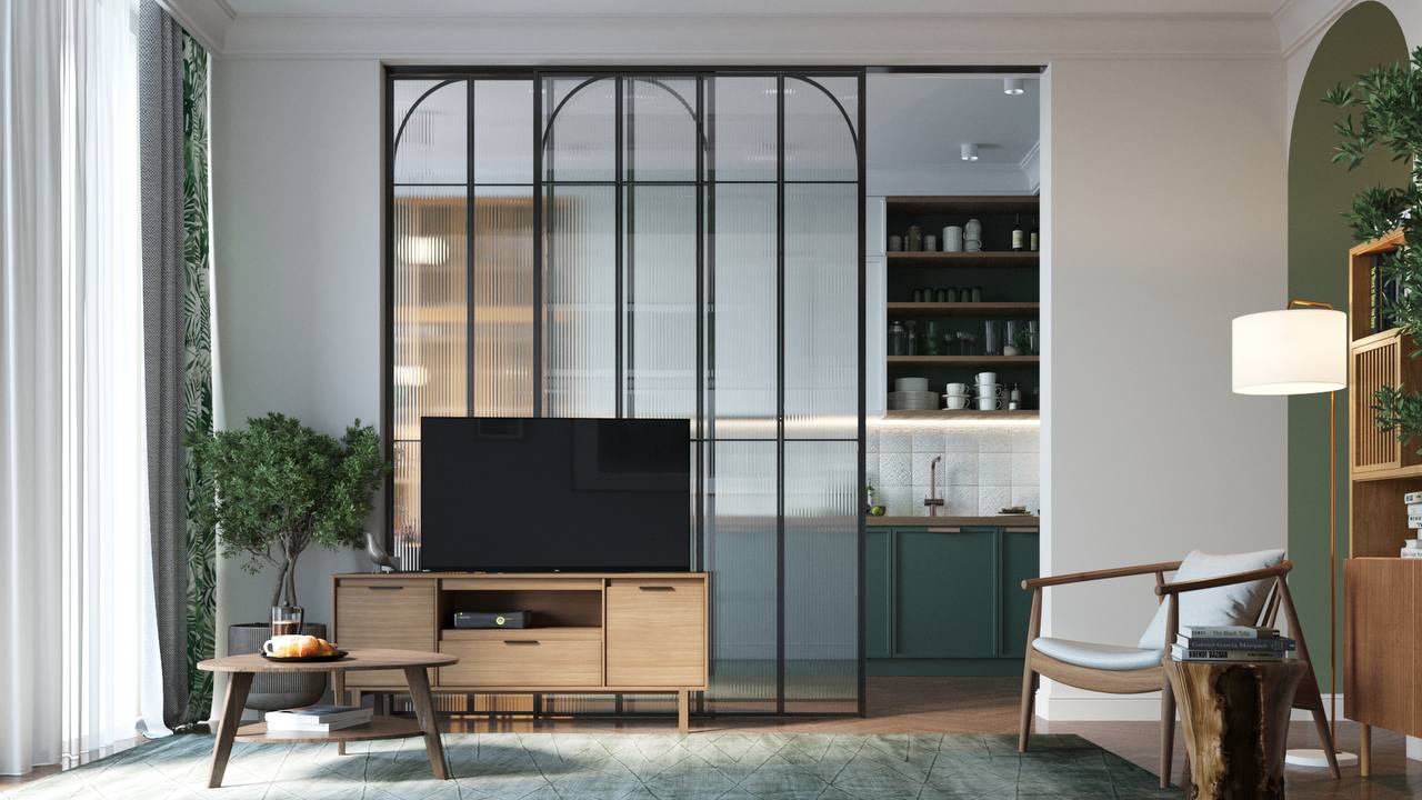 Daylit living room with blue-grey cabinetry at Dubai Hills Residence