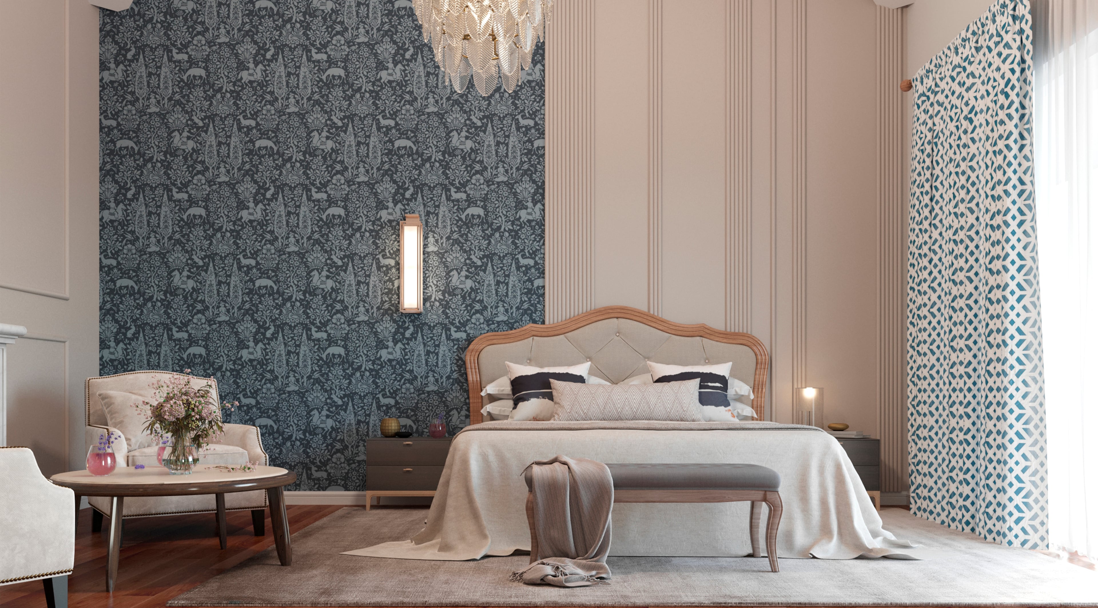 Bedroom with blue patterned walls and natural light at Cyprus Villa